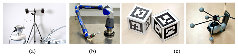 Sensors used for evaluation; (a) A.R.T. infrared tracker; (b) Faro CMM arm; (c) Square markers with webcam