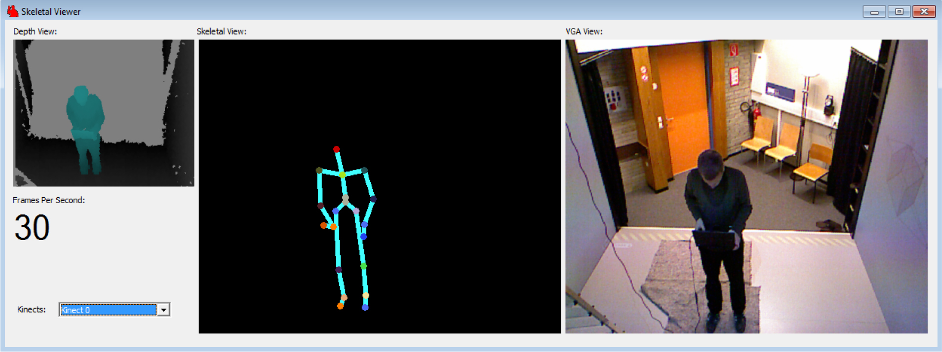 Sample screen shot of the test application 'SkeletalViewer' when the Kinect is placed above the front wall.