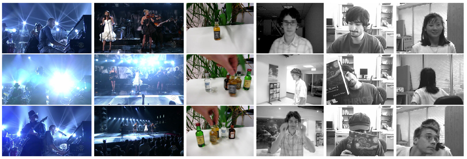 Frames of the tracking sequences used for evaluation. From left to right: Shaking, Singer1, Liquor, David, Faceocc2, Girl.
