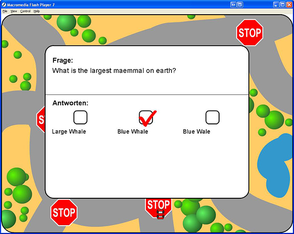 Screen dump of the quiz window showing a question on top and three possible answers below. The one in the center has been selected by the user.