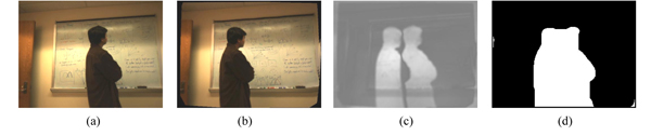 Figure 6: Processing Pipeline. (a) is the original image from a follow camera, (b) is the warped image of its paired lead camera, (c) is the difference image and (d) is the computed mask. All the images are from the walk scene and the follow-to-lead camera viewpoint distance is 0.351 cms.