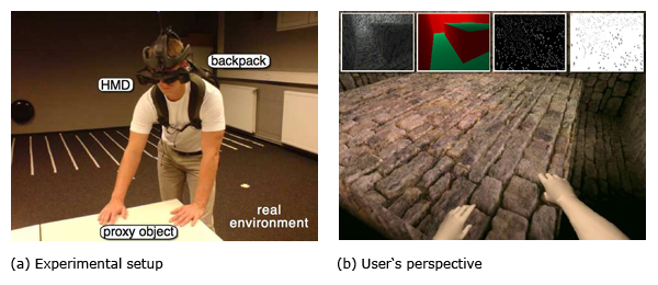 Combining redirection techniques and dynamic passive haptics. (a) A user touches a table serving as proxy object for (b) a stone block displayed in the virtual world. (a) Experimental setup, (b) User's perspective