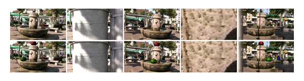 Top row: Five images out of the input video of example 3. The motion estimation has to restart two times because of large occlusions in the foreground. These large occlusions are visible in the second and fourth image of the top row. Bottom row: Augmented video sequence.