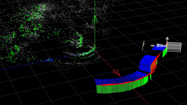 Camera path and 3D object point cloud after registration of three independent structure-from-motion estimations in example 3