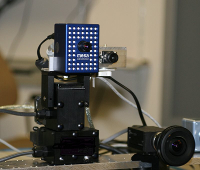 The used setup comprising of a ToF-camera (SwissRanger 3000) mounted together with a CCD firewire camera on a pan-tilt-unit and a fisheye camera mounted at the bottom right.