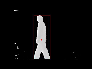 Tracking of dynamic content. The moving person is detected and marked with a rectangle, the center-of-mass is marked with a dot.