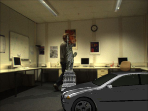 The final mixing result with the augmentation of virtual objects in the target camera, occlusion handling and shadow rendering.