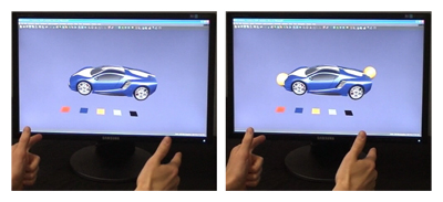 Visual feedback for grabbing and releasing. Left: The object is released. The pivot points are not visualized. Right: The object is grabbed. The two yellow spheres indicate the pivot points and that the object is grabbed. (Car model courtesy of RTT AG)