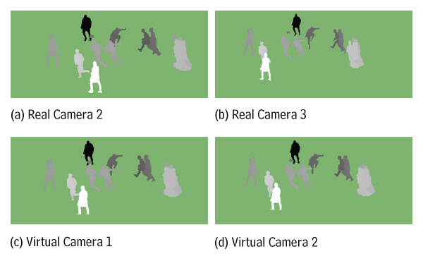 Creation of the virtual depth at frame 50. The depth estimated on the real cameras (a-b) are transferred into two virtual cameras (c-d).