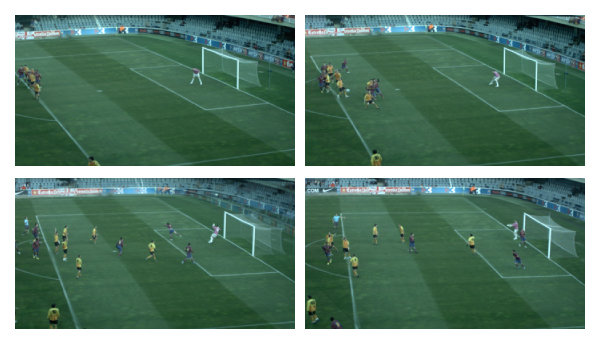 Virtual views from a moving camera observing the dynamic scene. The goal and the stands have been synthesized using the specific planes illustrated by the Figure 10.