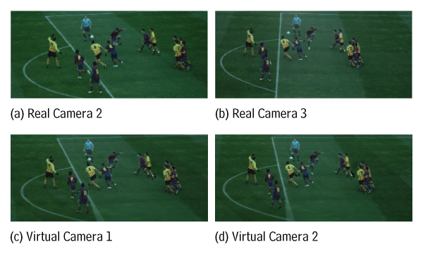 Synthesis of the virtual images at frame 50. The color information of the real cameras (a-b) is transferred into two virtual cameras (c-d).