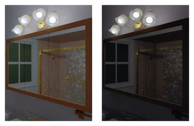 Result obtained by tonemapping with the TSTM algorithm (right) and the multi-modal TSTM algorithm (left) the synthetic image 'Bathroom', courtesy of Greg Ward.