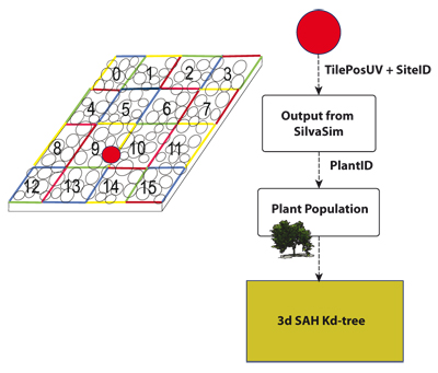A way to determine the explicit plant instances used for a Wang-tile in the tiling. Based on the TilePosUV and the SiteID the concrete PlantID used at this position can be requested from the simulation results. This PlantID can be used the request the plant model's acceleration structure.