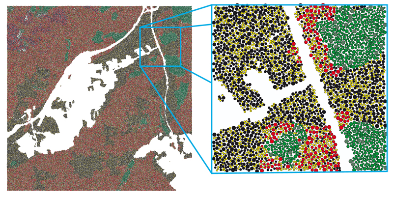 Simulation results of the scene UniSB (5km x 5km with a 10 x 10 tiling). Different colors represent different species.
