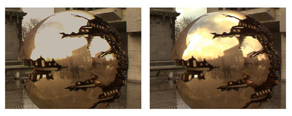 An example of the problem of stereo-view saturation. The images show the stereo pair for this frame after colour correction described in is applied. The left view is saturated in the reflected region on the sphere and in the background sky.