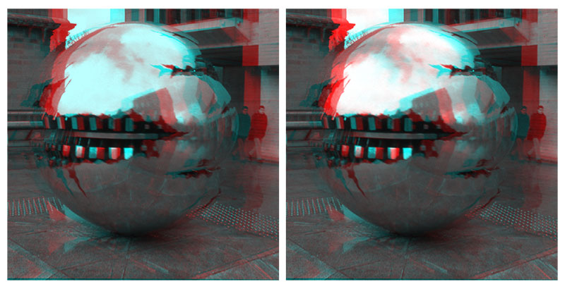 A stereo pair frame before (left) and after (right) restoration rendered in anaglyph form. The reflection on the sphere appears better defined after restoration. Viewing it also results in less eye strain.