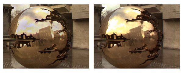 The restored sphere before (left) and after (final) colour correction using the block-based colour matcher of Ocula. The colour distribution of the final result closely resembles that of the reference view (Fig. 8b ).