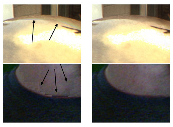 The arrows in the left images highlight visible seams at the matte boundary when the data is interpolated by copying pixels from the reference view. The proposed wavelet based restoration (right) provides a seamless interpolation.