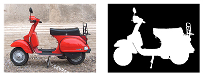 Image of a Piaggio Vespa PX 125 E (left) and a manually generated alpha mask of the foreground (right).