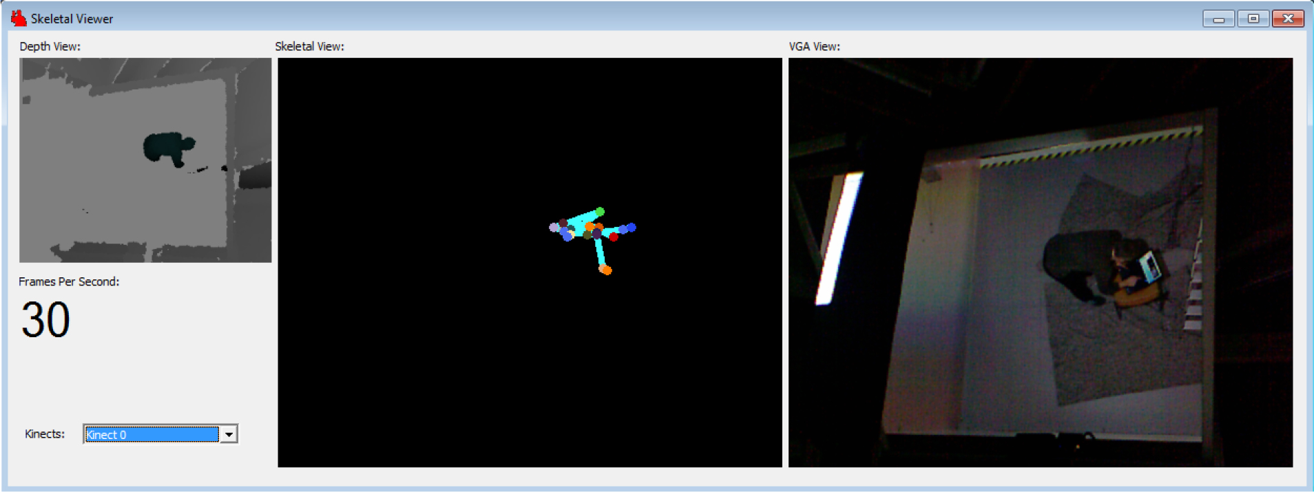 Sample screen shot of the test application 'SkeletalViewer' when the Kinect is placed at the ceiling of the DAVE.