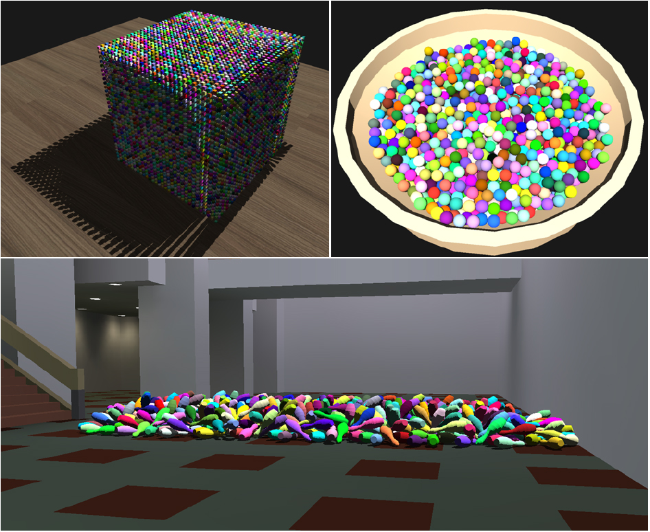 Benchmarks: We used several benchmark models to measure collision detection time: 10K balls of 2K polygons each falling in simple environment of 600 polygons (= 1.1M polygons), 20K cubes of 12 polygons each fallen on complex environment of 300K (= 420K polygons) and 3.5K concave shapes (skittles of 20K each) falling on a plan. We only performed test on n-body simulation of rigid bodies using AABB as bounding volume.