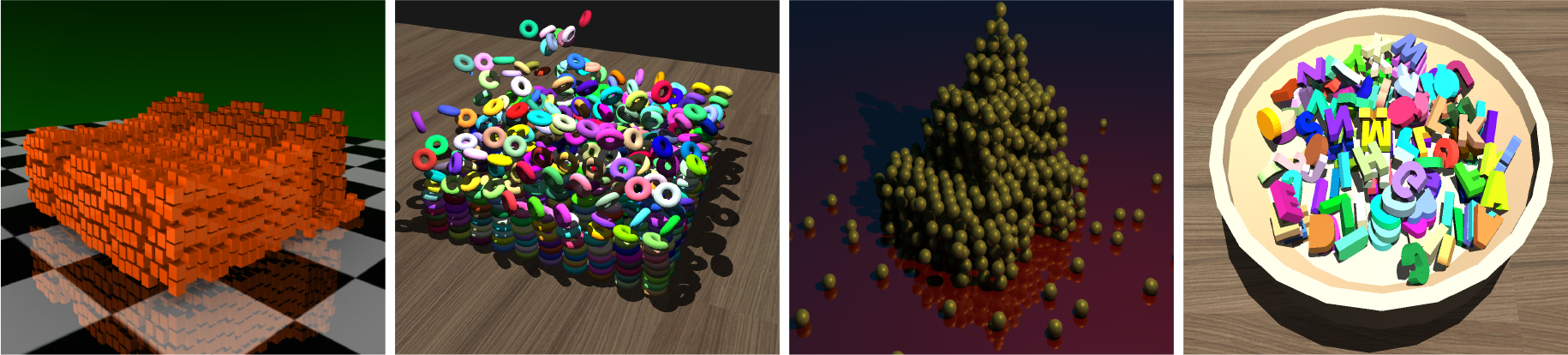Benchmark: Four virtual environments used during simulation tests - (a) Cubes - (b) Torus - (c) Spheres - (d) Alphabet letters.