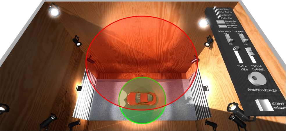 Observed differences in touch behavior for the task to rotate the lowered platform. The two circles (red and green) indicate where the users touched the surface.