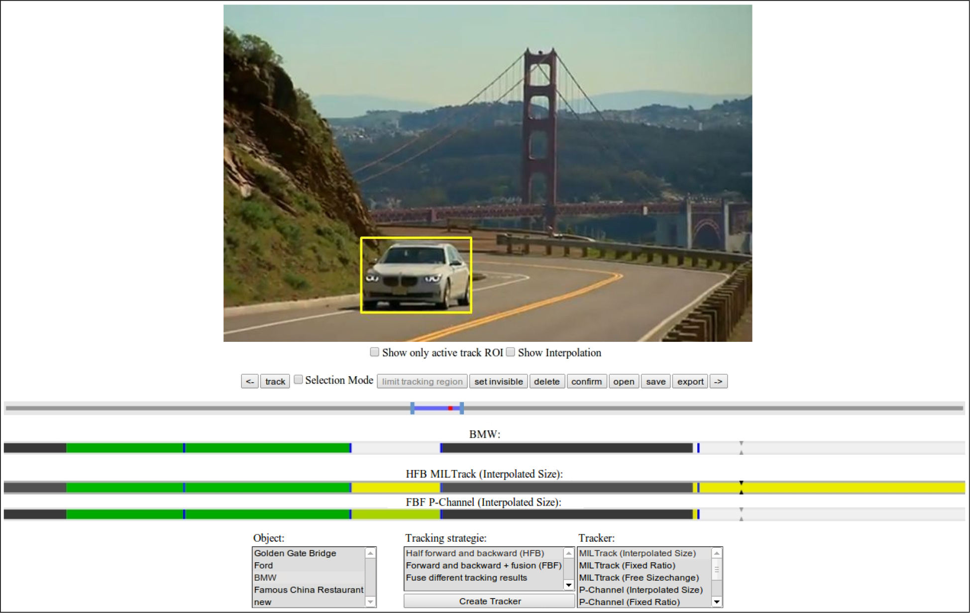 The user interface in the browser window. The sliders are timelines. The first slider limits the range of the subsequent sliders. There, colors show the tracking status of a frame. See text for a detailed description.