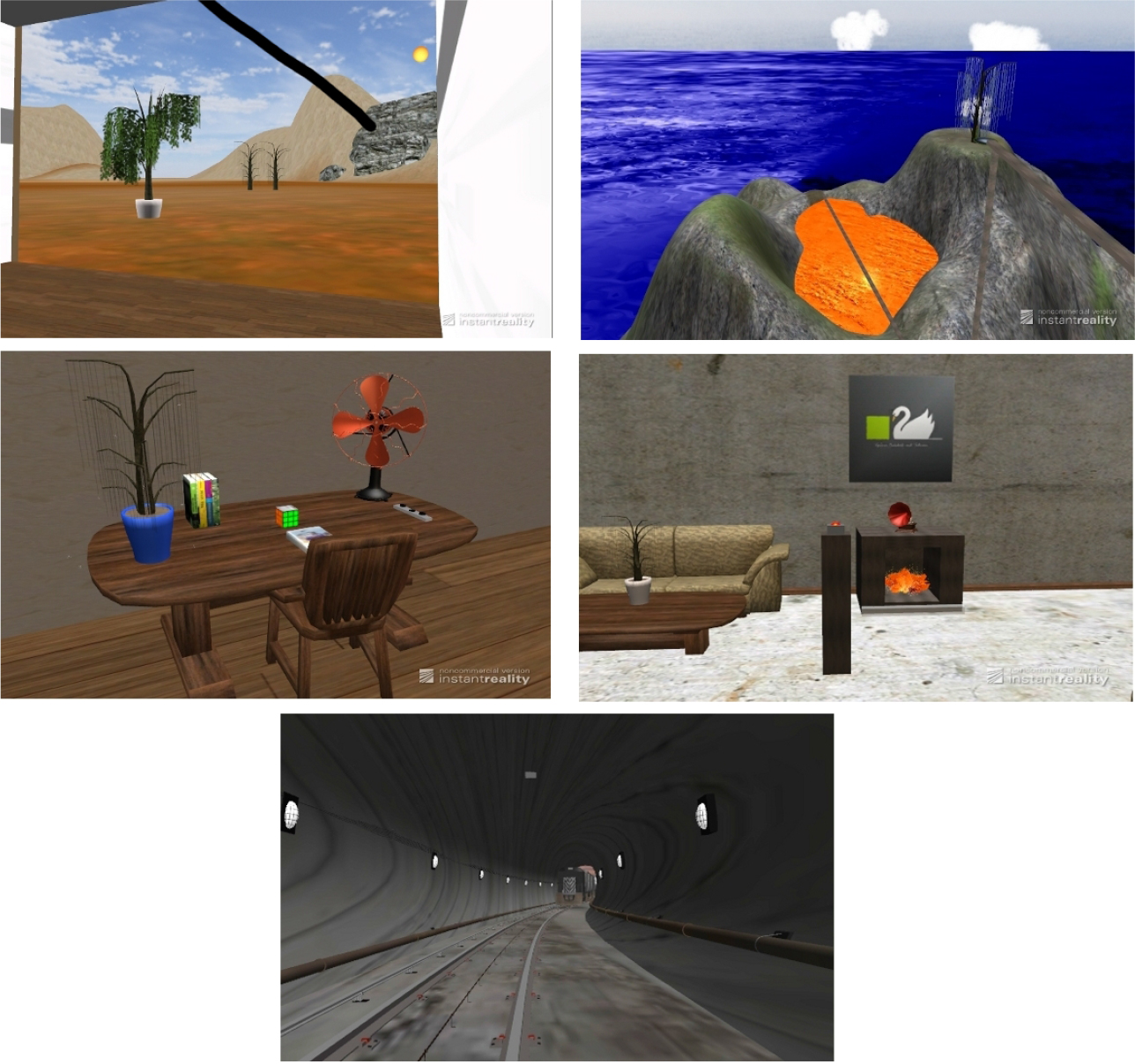 Scenes presented for the subjective measures. From left to right and top to bottom: Desert, Volcano, Fan, Chimney and Train.