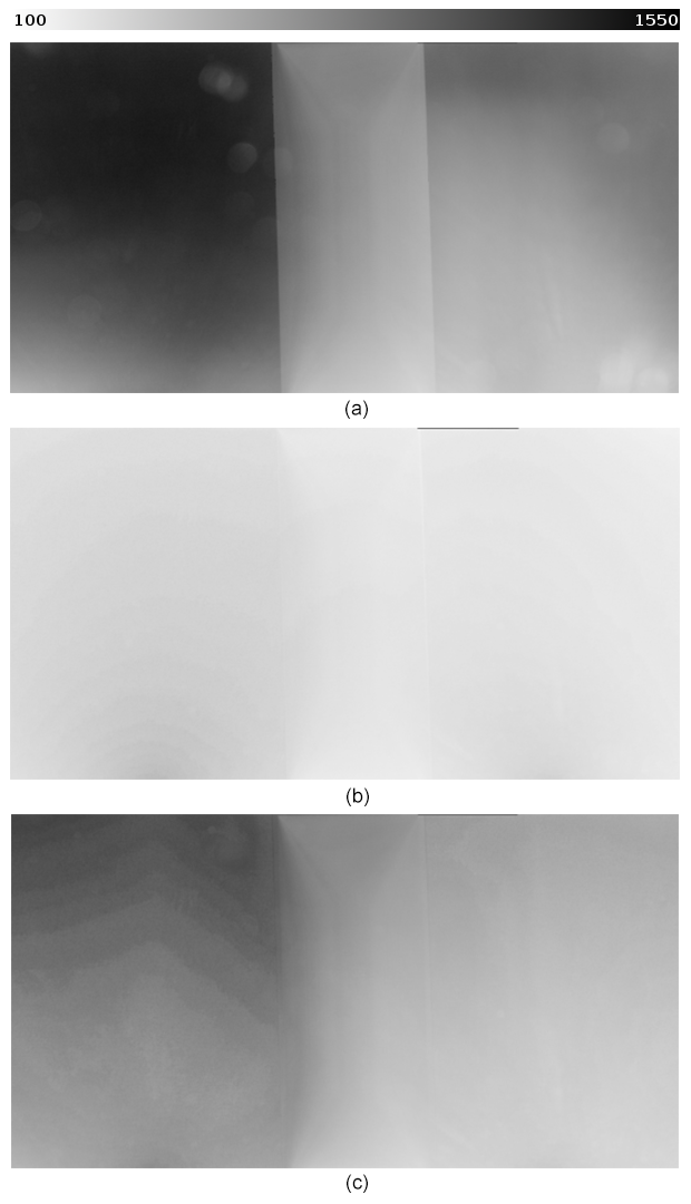 The measured dynamic range of the projectors at the bottom row of the display: (a) Without any black offset correction. The dynamic range in the overlap zone is significantly reduced due to the restricted brightness caused by the luminance correction. (The cirular spots were caused by dust particles on the projector's lense.) (b) The correction according to results in a dramatic reduction of the dynamic range across the whole display. (c) Our method of gradient limitation better preserves the dynamic range the projectors are capable of.