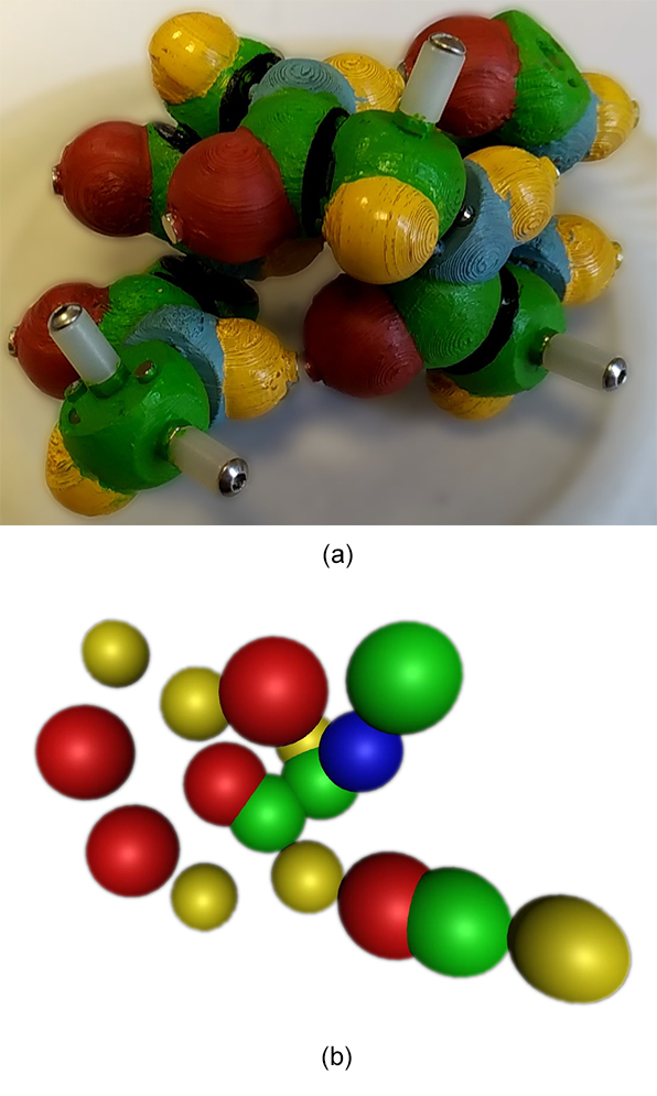 (a) Input video frame of a 6-amino-acid α-helix peptide without lateral chains. (b) One output point cloud after the SFM step.