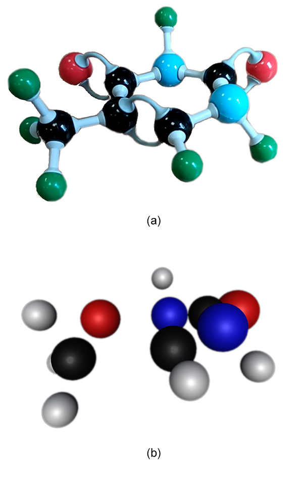 (a) Frame of the input video of the MolyMod physical model assembled as a thymine, the DNA base with green atoms as hydrogen. (b) Point cloud output of the method with hydrogen being colored in white. Only 2 carbon atoms are missing in the reconstruction and can be restored using chemical knowledge.