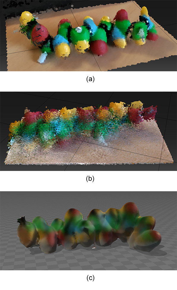 (a) (b) (c) Figure 15: Different 3D scan using (a)&(b) a Tango phone and (c) an Intel RealSense camera. (a) A quick scan without moving around the molecule shows that the depth data are usable even for small objects. (b) The registration algorithm fails to associate points in different points of view. (c) The RealSense SDK provides a mesh of the scanned object but similarly, 3D points are poorly registered.