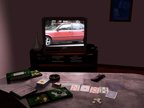 A streaming video texture used on the screen of a TV set. The video content is also used for dynamic lighting of the room.