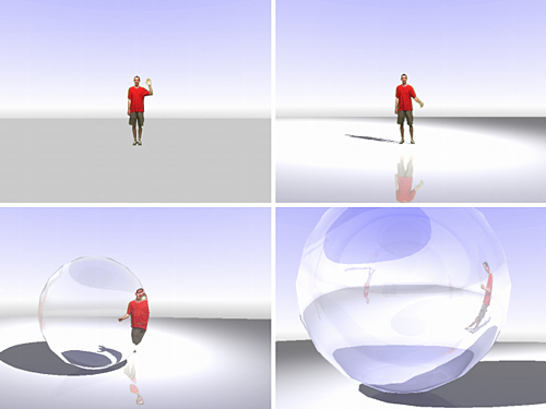 Rendering effects using a video billboard shader. Without visual cues like shadows and reflection, the actor seems to float (top left). The lower images show the actor walking behind a refractive glass sphere. The refraction is physically correct and hard to achieve with GPU based approaches.