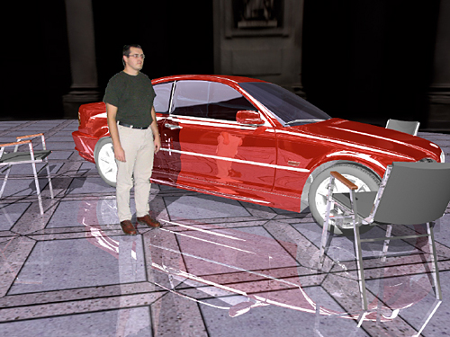 An example application using the image-based visual hull shader for seamless real 3D integration of a person into a synthetic scene. Note the correct reflection of the actor visible on the car side. The right image shows how three simultaneous instances of the visual hull shader can be used to reconstruct several persons independently. Nine camera views were used for reconstruction.