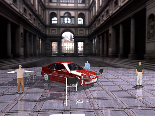 An example application using the image-based visual hull shader for seamless real 3D integration of a person into a synthetic scene. Note the correct reflection of the actor visible on the car side. The right image shows how three simultaneous instances of the visual hull shader can be used to reconstruct several persons independently. Nine camera views were used for reconstruction.