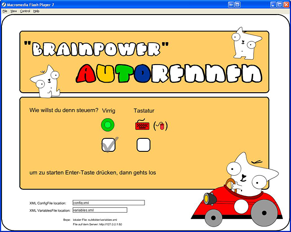Start screen of the game application. The user can choose to control the game with a standard keyboard or with the Virrig.
