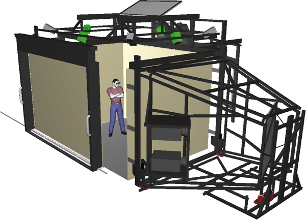 Five sided projection CAVE-like virtual environment using optical tracking. Possible loudspeakers are colored in green and mounted on the rack on top of the device.