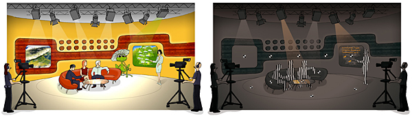 Digital studio illumination: Synthetic illumination of a studio environment with projected spatial augmentations and video augmentations (left). Embedded imperceptible patterns for scene analysis and camera tracking (right).