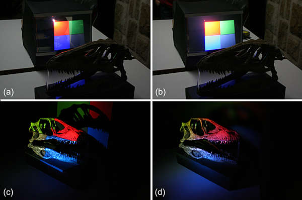 Figure 7: Combination of projector-based illumination (a,c) and screen-based illumination (b,d).