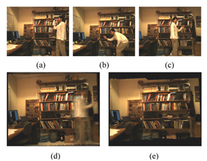 Figure 9: Background Sampling. We can sample the background of motion in office scene even with significant object motion. (a-c) are frames captured and (d-e) are novel views without and with motion masks.
