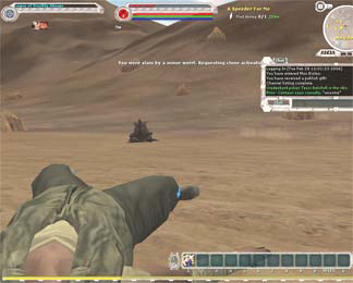 An early death in Star Wars Galaxies which shows the staged dead body of the avatar in close-up. The avatar will shortly be transported to a clone facility.