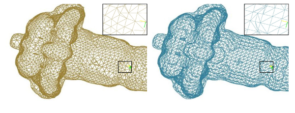 Better triangles in isosurface obtained using dual contouring (left) than MC method (right) for the fuel dataset (from http://www.volvis.org). The dual contouring result is obtained from the isosurface points computed using our method.