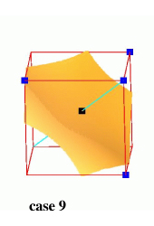 Topological configurations with no ambiguous faces: trilinear model in yellow-orange, isopoints in black, positive nodes in blue, rays in cyan.