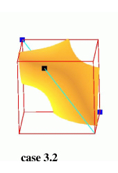 Topological configurations with one ambiguous face: trilinear model in yellow-orange, isopoints in black, positive nodes in blue, rays in cyan.