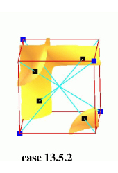 Topological configurations with six ambiguous faces: trilinear model in yellow-orange, isopoints in black, positive nodes in blue, rays in cyan.