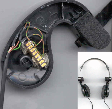 The sensor was integrated into a Koss headphone and (later) clad with casting resin.