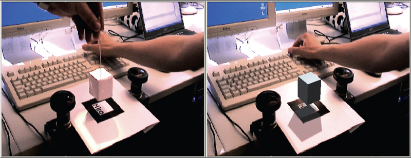The left image shows the real scene, with a cube made of paper, the right image shows the same scene with a virtual cube. The shadow is nearly the same.
