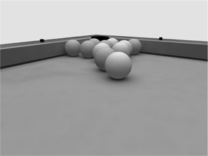 A billiard game session illustrating our algorithm for constraints management (11 balls and 77 inequality constraints).